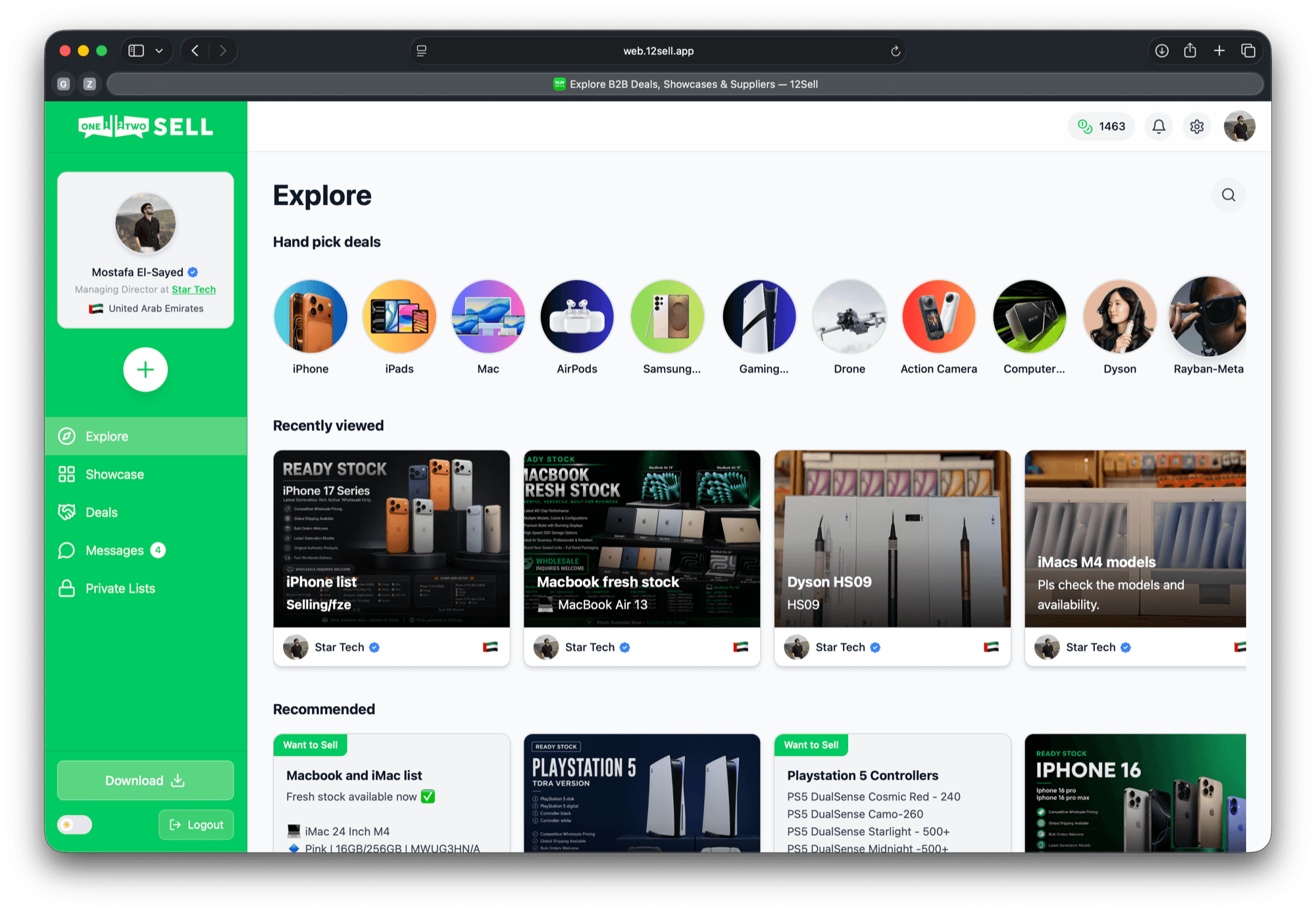 The 12sell web app — explore B2B deals, showcases and suppliers